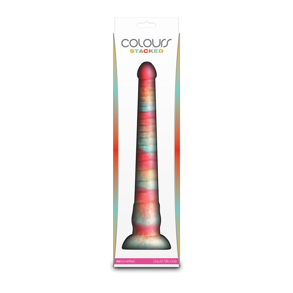 12-inch stacked silicone dildo in red and gold.