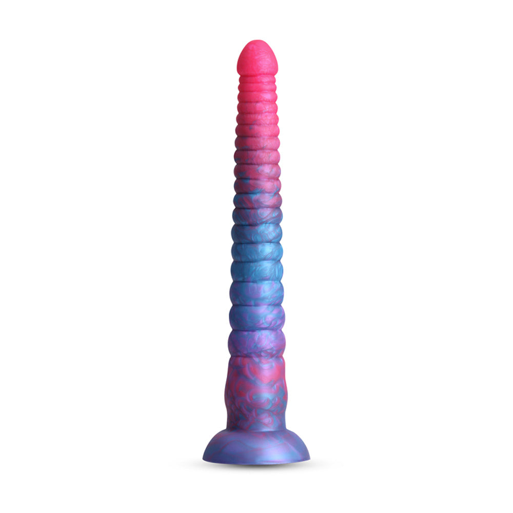 12-inch stacked silicone dildo in pink and blue.