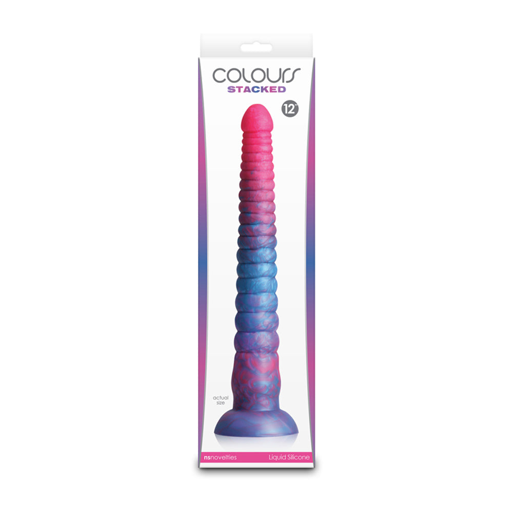 A 12-inch pink and blue stacked silicone dildo.