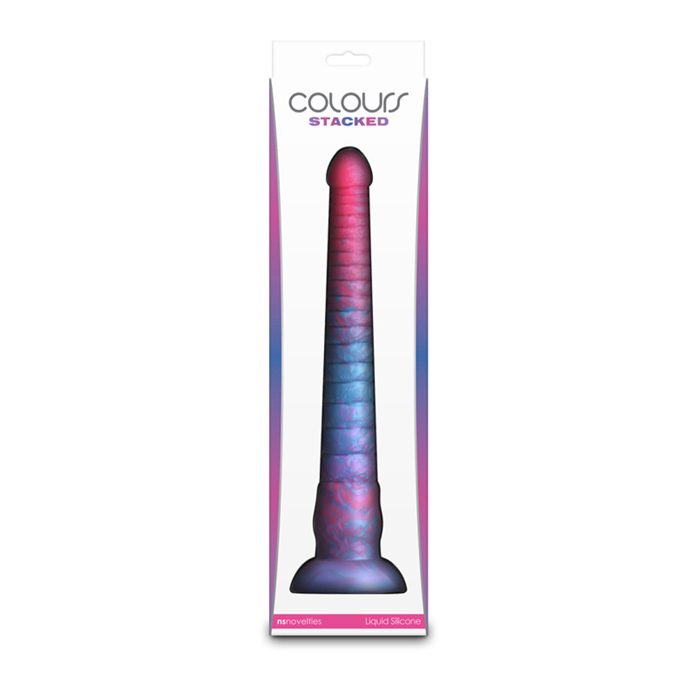 Pink and blue stacked silicone dildo in packaging.