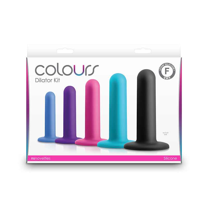 A set of five silicone dilators in assorted sizes and colors.