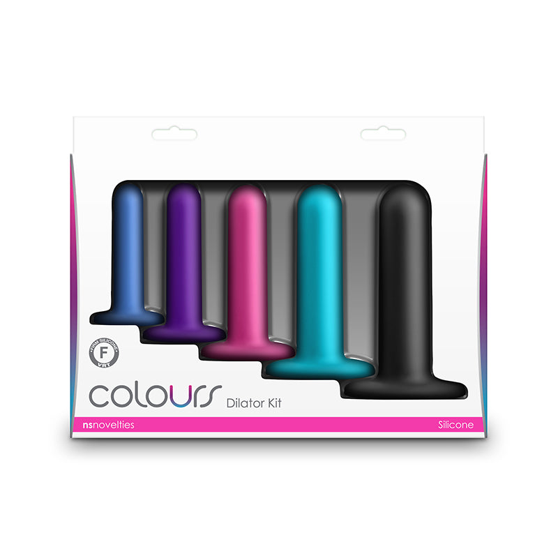 A set of five silicone dilators in assorted sizes and colors.