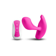 Pink silicone wearable vibrator with a white remote control.