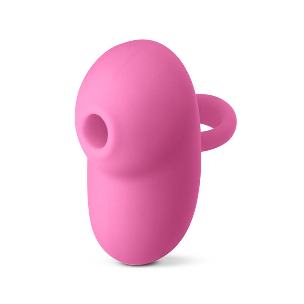 Pink silicone clitoral stimulator with a finger loop.