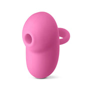 Pink silicone clitoral stimulator with a finger loop.