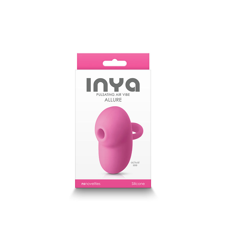 Pink silicone clitoral stimulator in packaging, labeled "Allure by INYA".