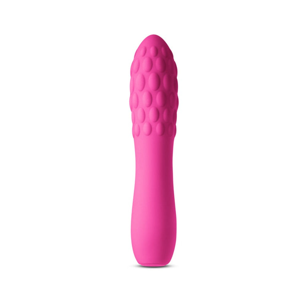 Pink textured silicone massager with a rounded, bumpy head.