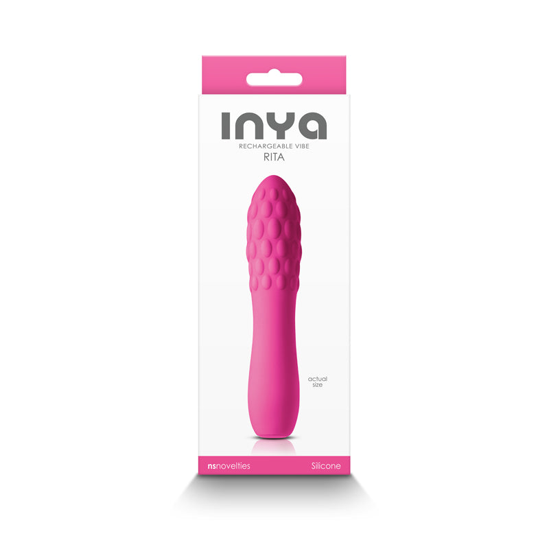Pink textured silicone rechargeable massager in packaging.