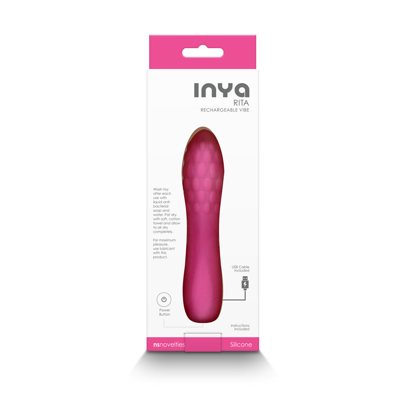 Pink INYA Rita rechargeable silicone textured massager in packaging.