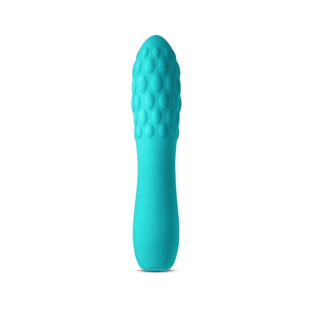 Teal silicone massager with a textured head and smooth handle.
