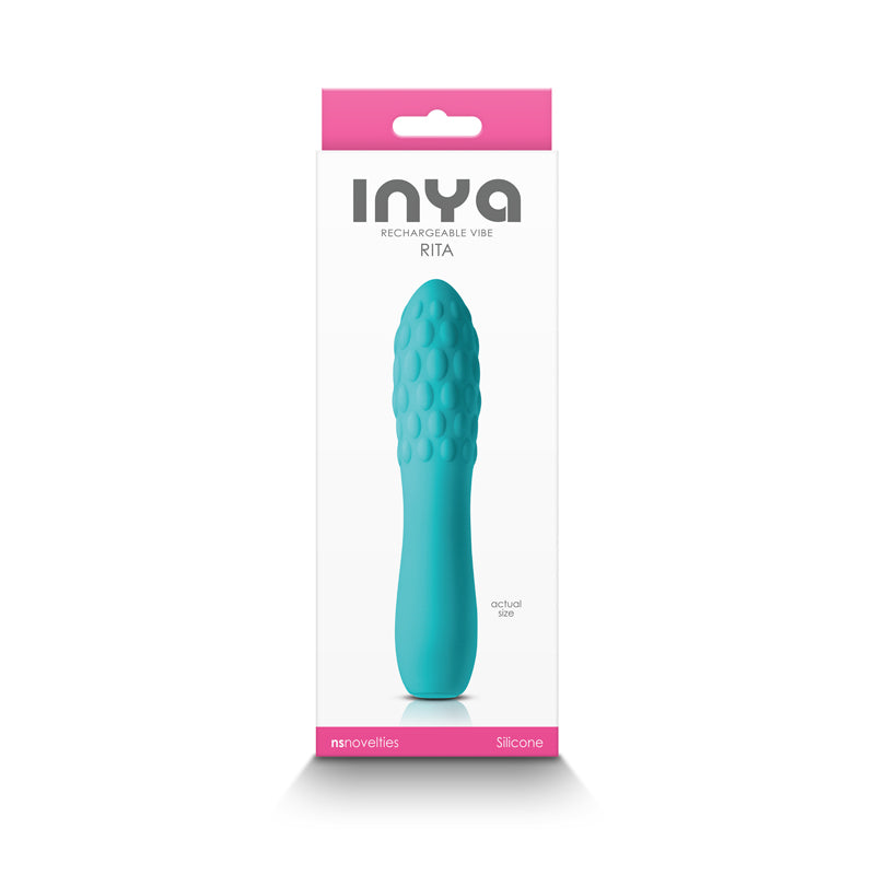 Teal silicone textured rechargeable massager in packaging.