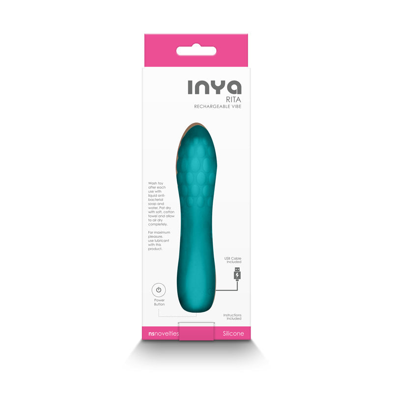 Teal silicone textured rechargeable massager with USB cable included.
