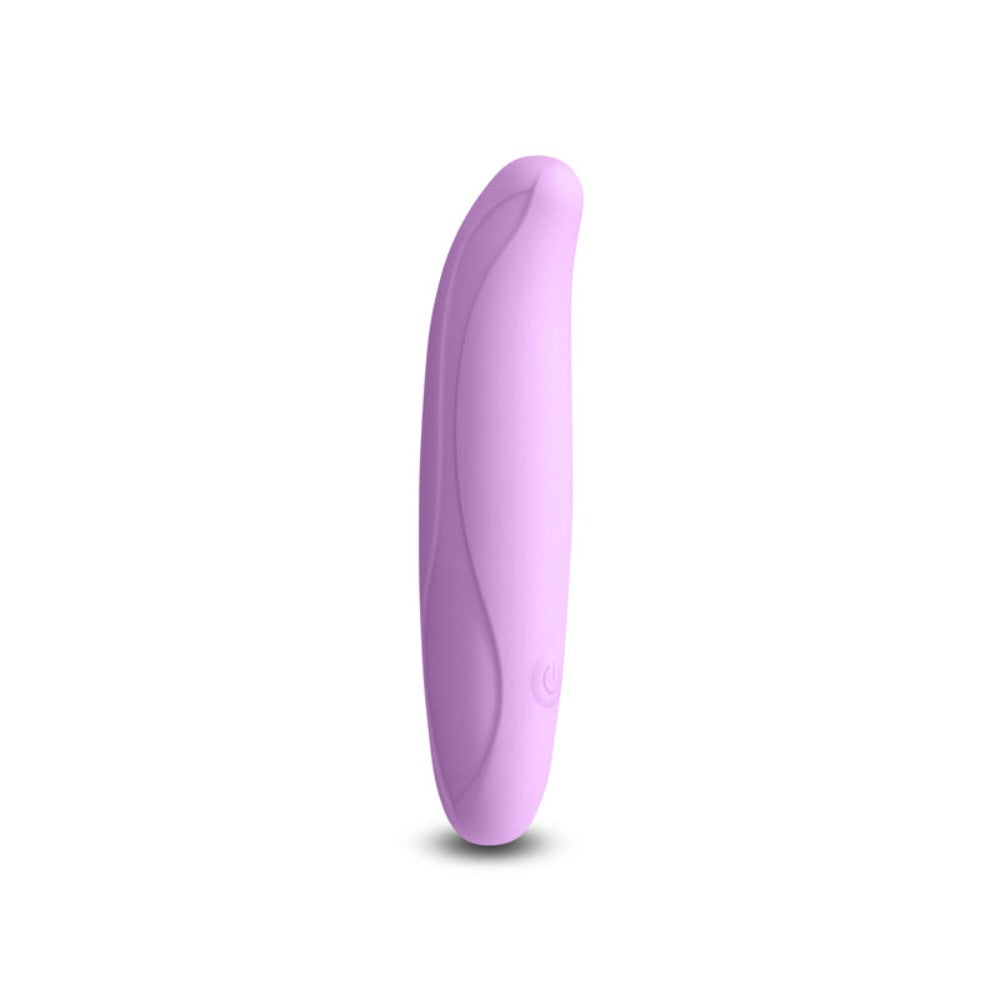 A flexible purple silicone vibrator with a power button.