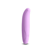 A flexible purple silicone vibrator with a power button.