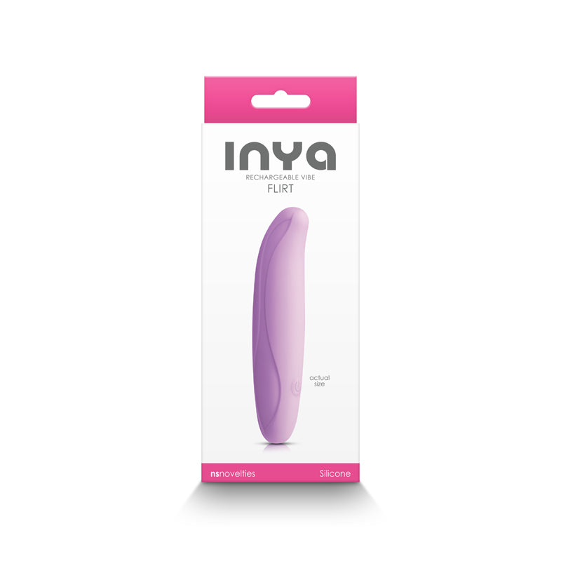 A purple, flexible silicone vibrator in its packaging.