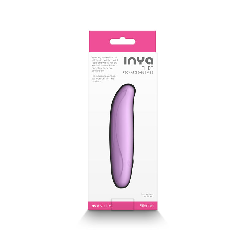 A pink INYA Flirt rechargeable silicone vibrator in its packaging.