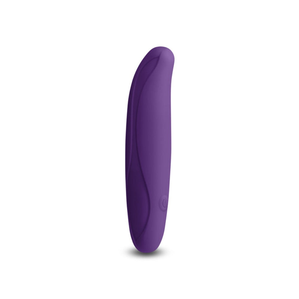 Purple flexible silicone vibrator with a power button.