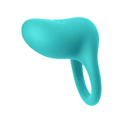Teal rechargeable vibrating ring with a power button.