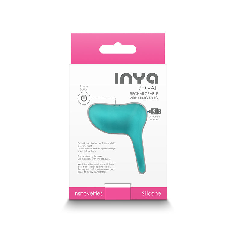 Teal INYA Regal rechargeable vibrating ring with USB cable.