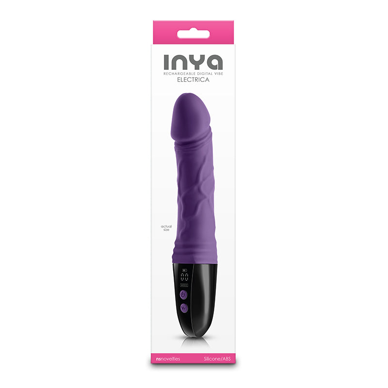 Purple silicone vibrator with digital screen and controls.