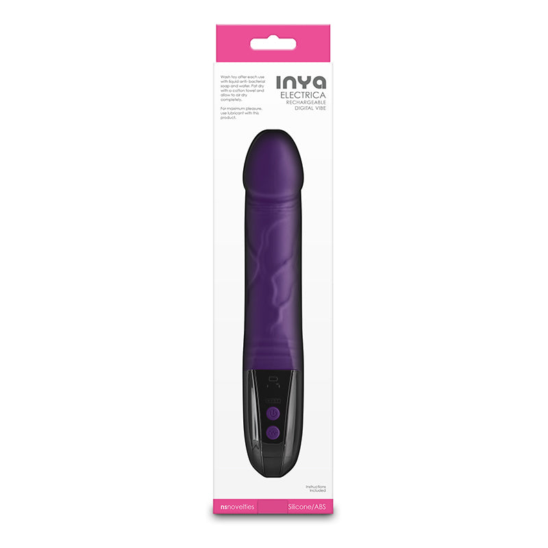 Purple silicone vibrator with digital screen and controls.