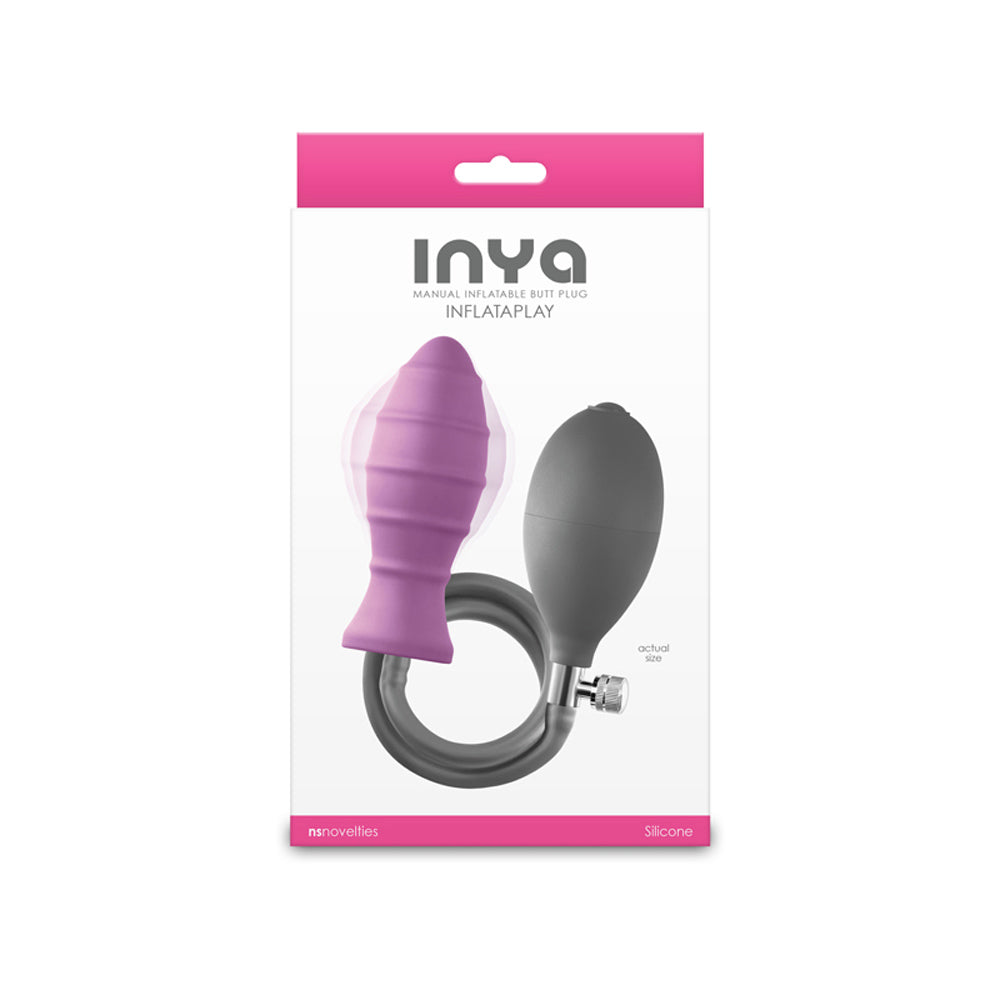 Pink inflatable anal plug with a grey bulb and hose.