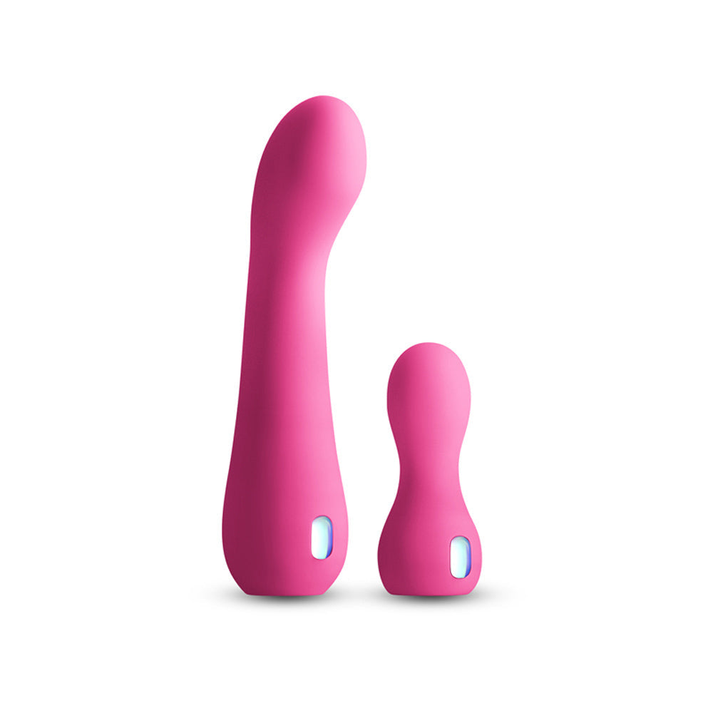 Two pink vibrators, one larger and curved, the other smaller and bullet-shaped.