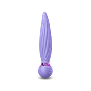 Purple silicone vibrator with a twisted shaft and a spherical base.