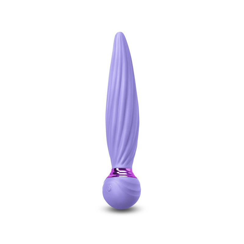 Purple silicone vibrator with a twisted shaft and a spherical base.