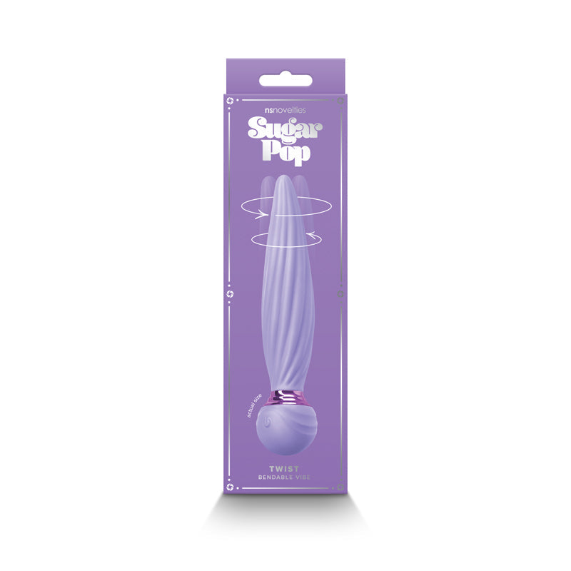 Purple silicone vibrator with a twisted shaft and a spherical base.