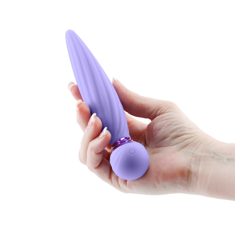 A purple silicone vibrator with a twisted shaft and a round base.