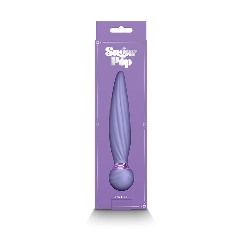 Purple silicone vibrator with a twisted shaft and a marbled ball base in its packaging.