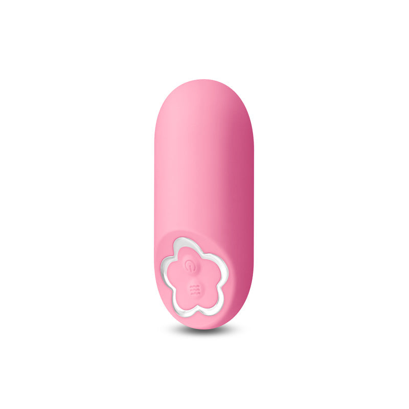 Pink silicone mini vibrator with a flower-shaped control panel.