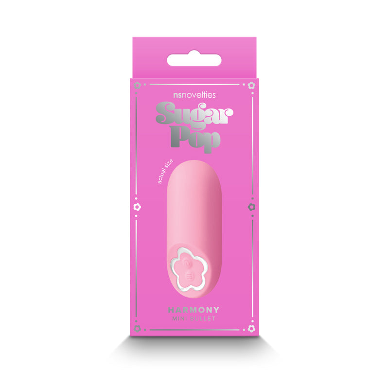 Pink Sugar Pop Harmony Mini Vibrator with flower-shaped button.