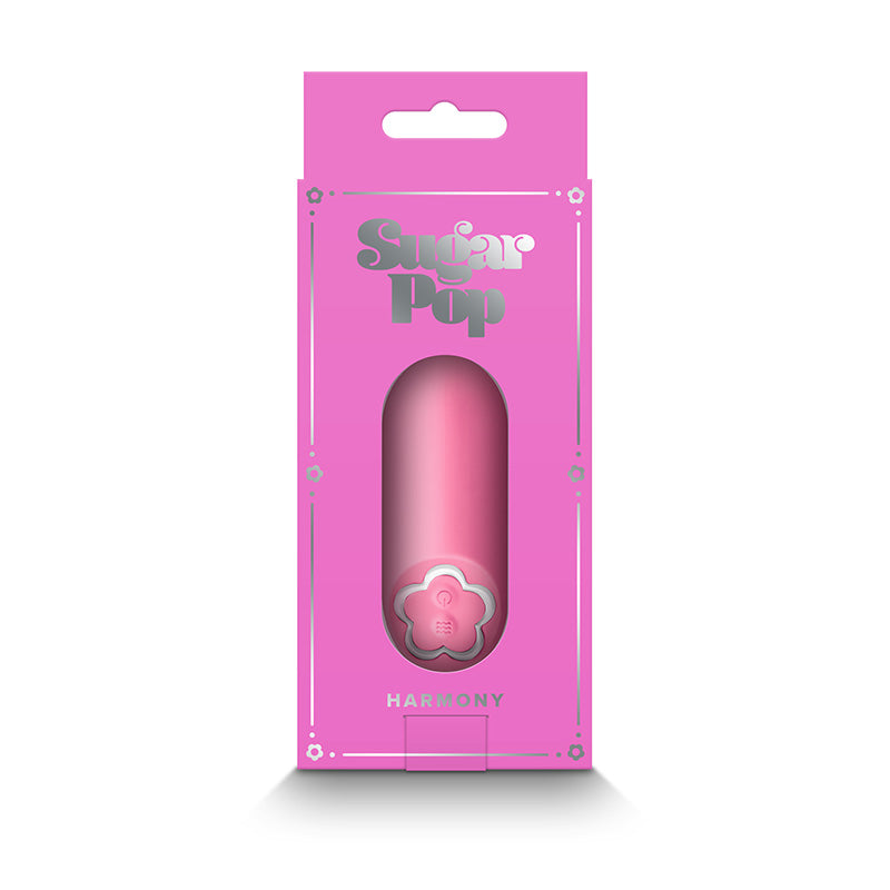 Pink Sugar Pop Harmony Mini Vibrator with flower-shaped button.