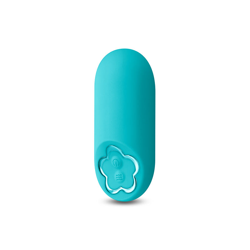 Teal mini silicone vibrator with a flower-shaped button.