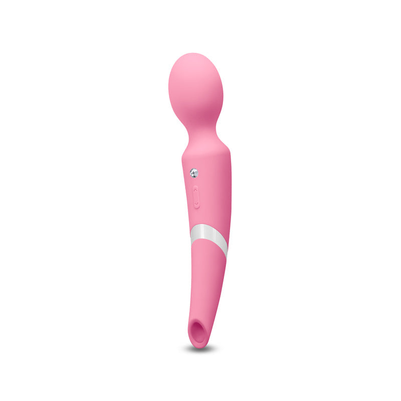 A pink vibrating wand with a silver band and a crystal accent.