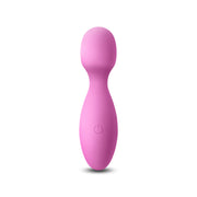 Pink silicone wand massager with a power button.