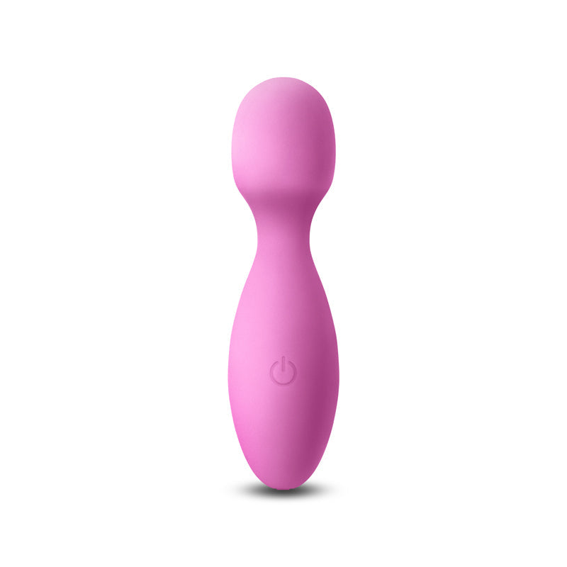 Pink silicone wand massager with a power button.