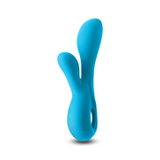 Blue dual motor rechargeable silicone vibrator with a curved design.