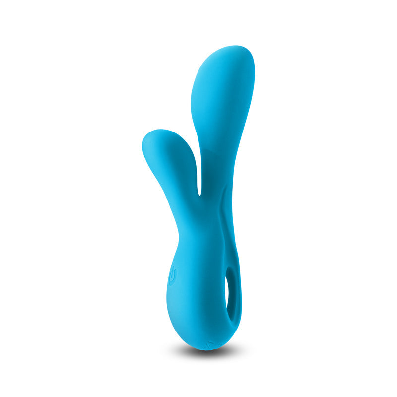 Blue dual motor rechargeable silicone vibrator with a curved design.
