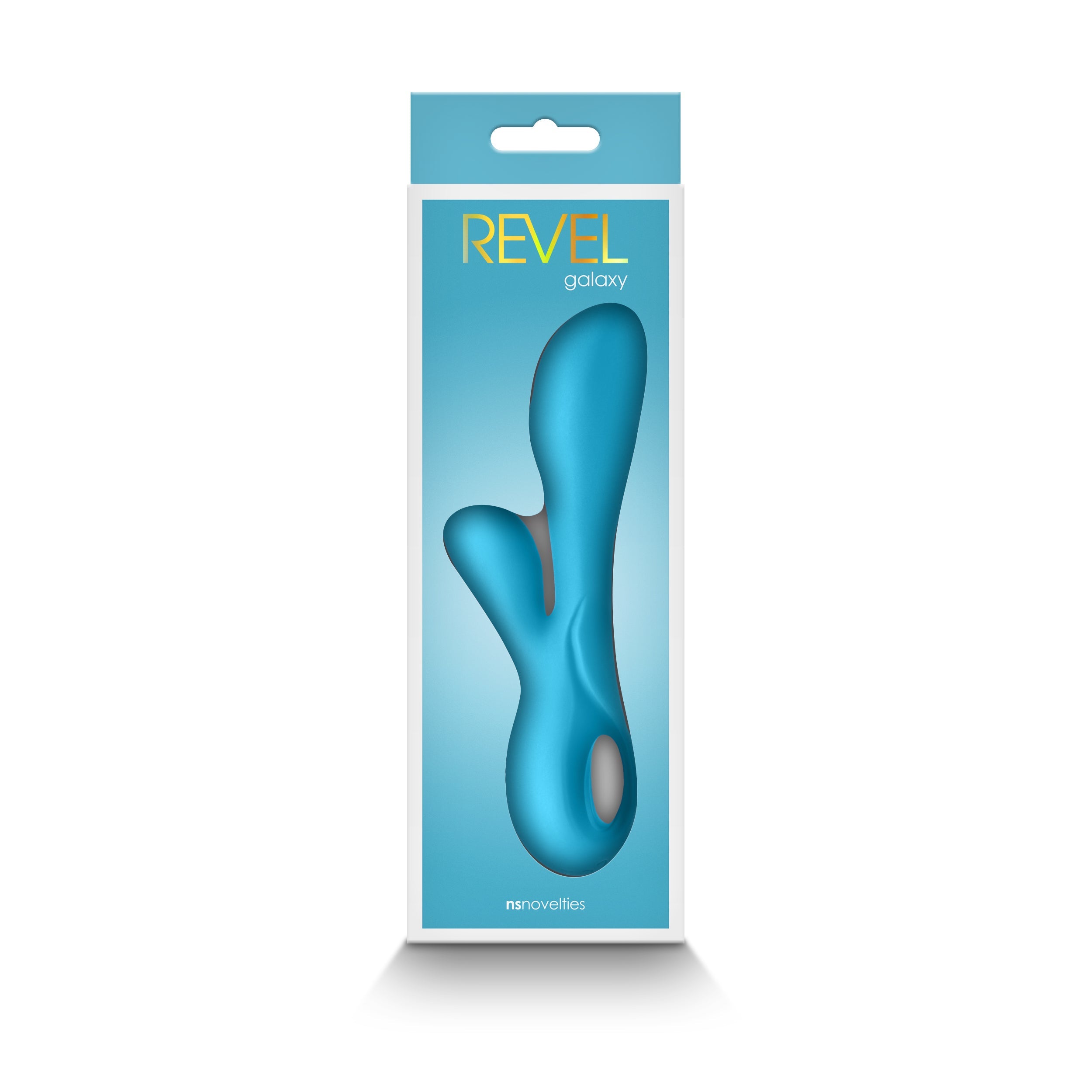 Blue dual motor silicone vibrator in packaging with "REVEL galaxy" branding.