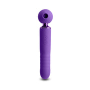 A purple silicone vibrator with a rounded head and two buttons on the handle.