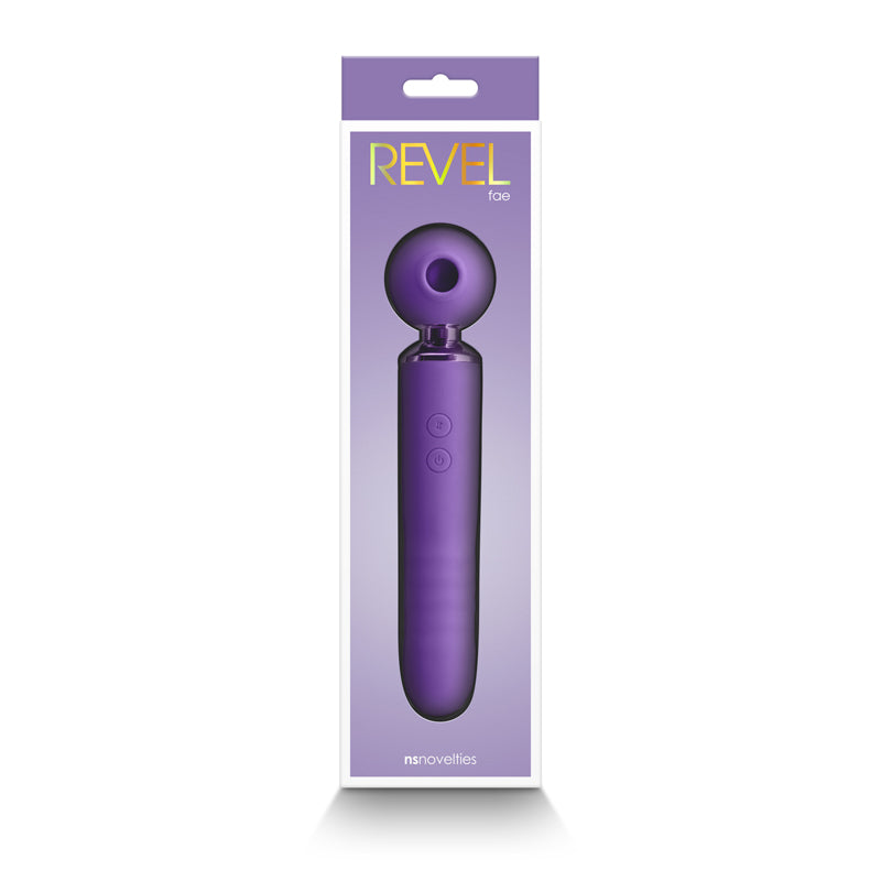 Purple Revel Fae vibrator in packaging with dual action and air pulse features.