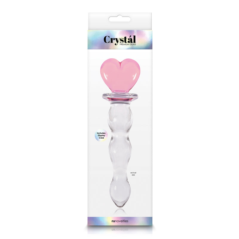 Pink glass heart toy with a clear, curved stem in packaging.