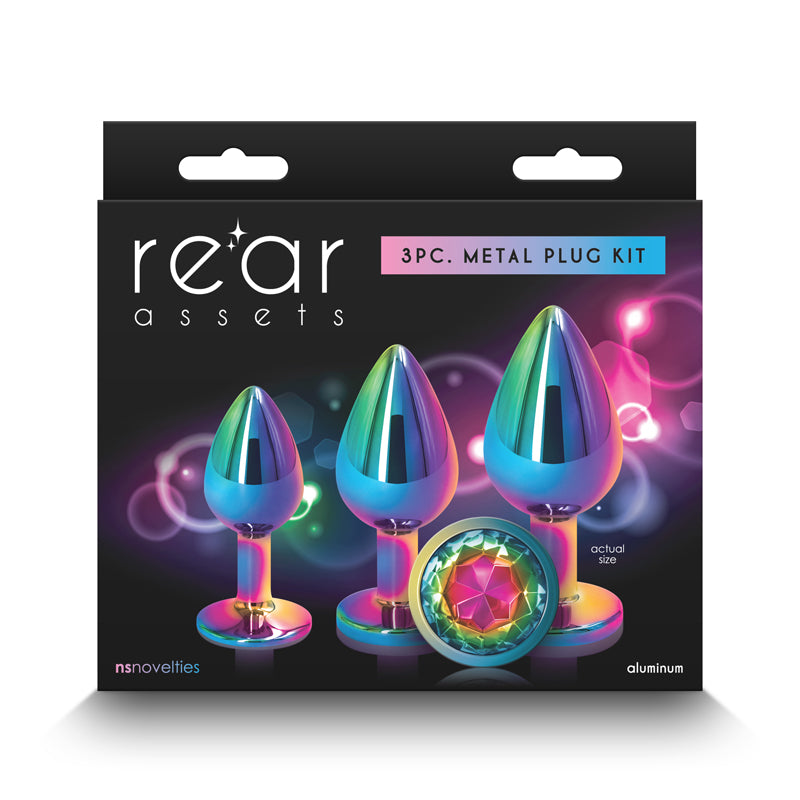 A 3-piece rainbow metal anal plug kit with graduated sizes.