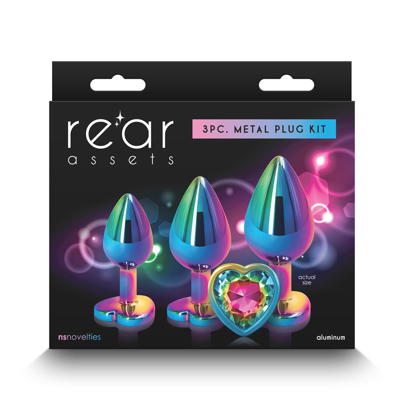 A 3-piece multicolor chrome anal plug kit with a heart-shaped jewel.