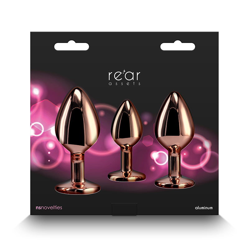 Rose gold anal trainer kit with three graduated plugs.