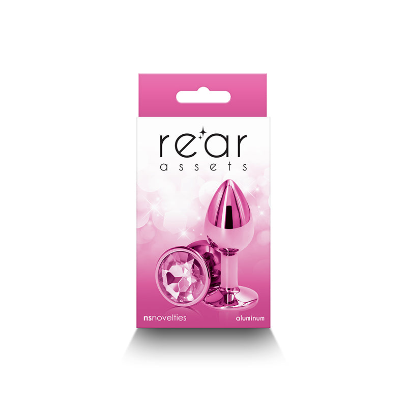 Small pink aluminum anal plug with a jeweled base.
