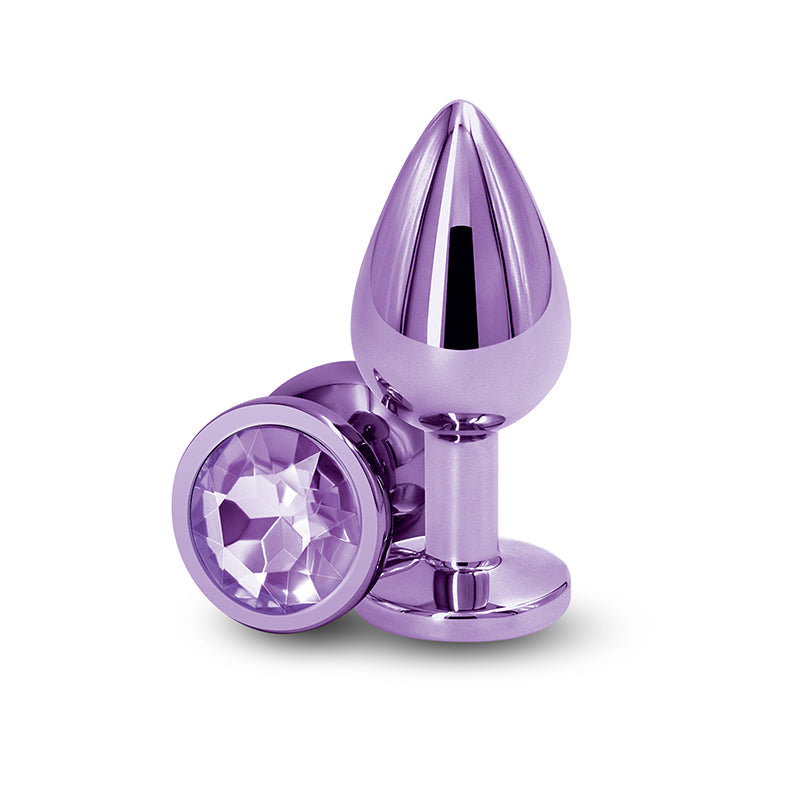 Purple aluminum medium anal plug with a faceted gem base.